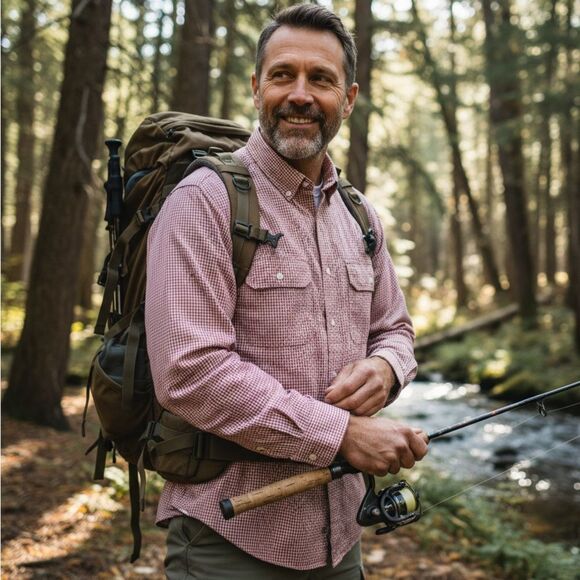 Coast Performance Red and white plaid Long sleeve shirt. Size Medium. - Picture 1 of 6